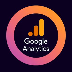 Google Analytics logo centered inside a circular gradient ring using PGHDMA brand colors, including shades of pink, orange, and purple on a dark background.